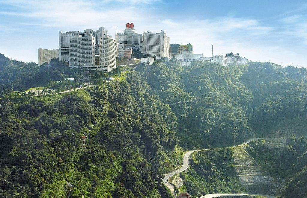 Aerial view of Resort World Genting and Chin Swee Caves Temple at Genting Highlands, Pahang. Top view